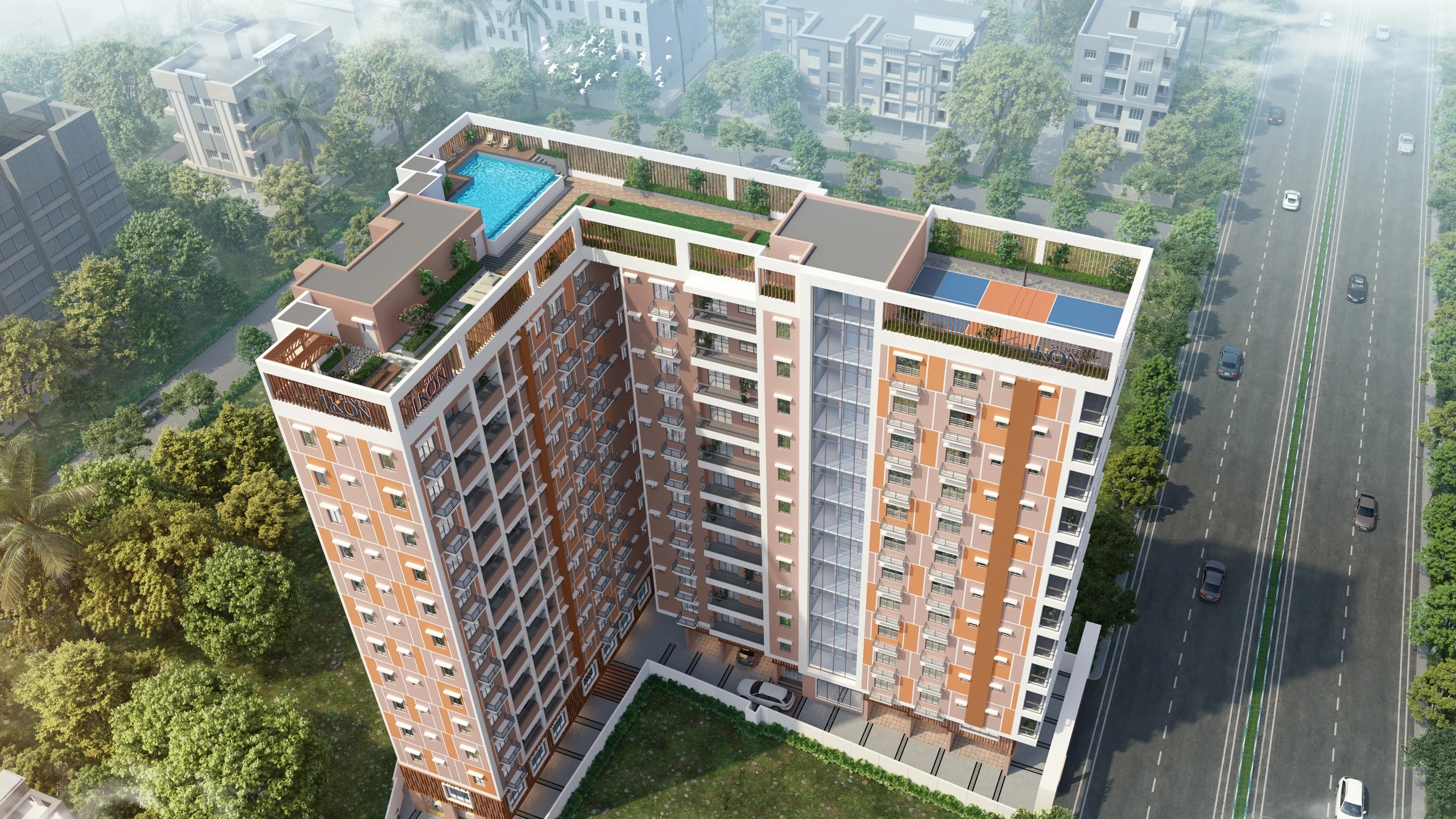 Aerial view of the IKON Deck rooftop at Silver Ikon, Bangur