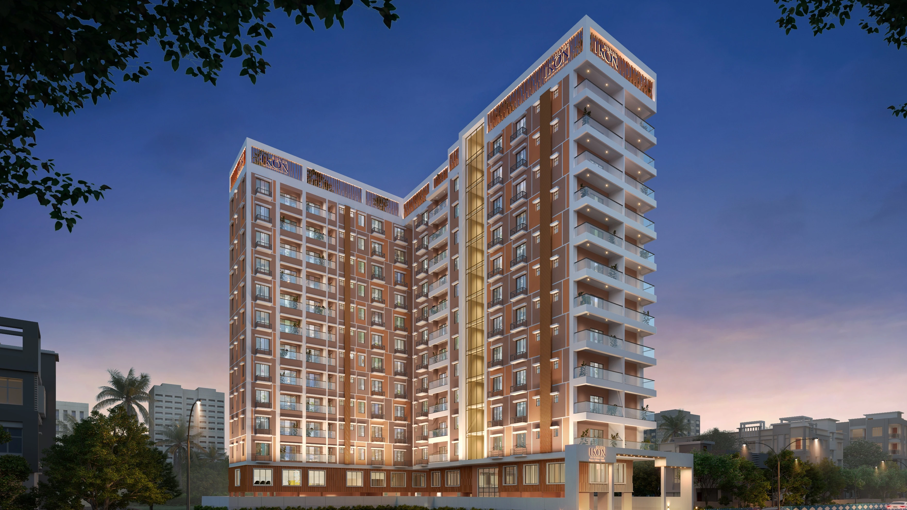 Silver Ikon — the two towers illuminated at night on Cal Jessore Road