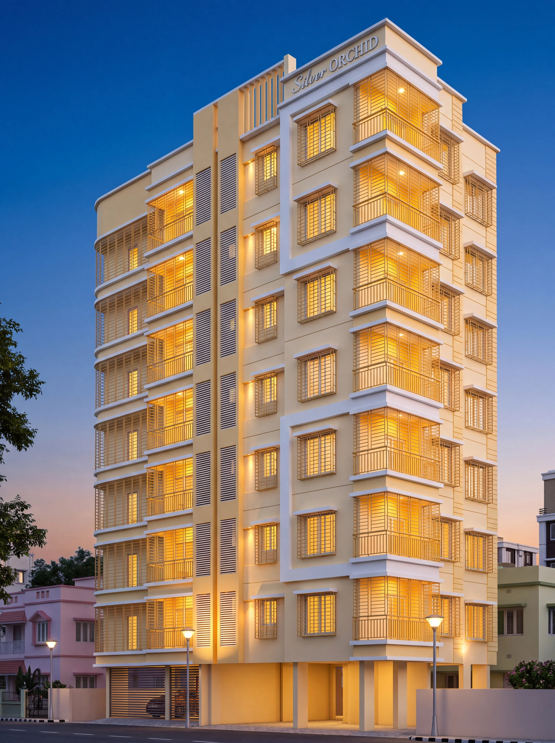 Silver Orchid at dusk — G+7 standalone residential building at 812A Lake Town, Block A, Kolkata (artist impression)