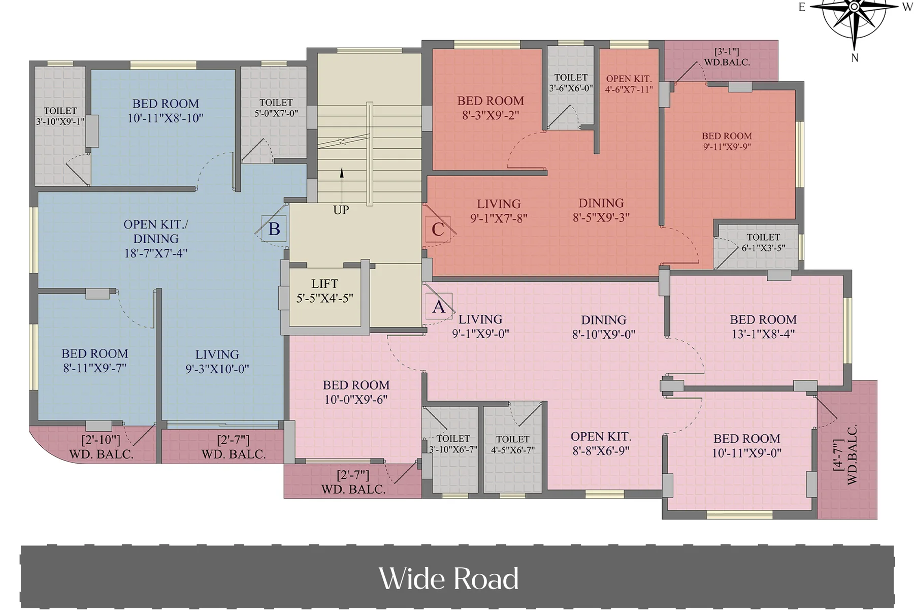 Silver Orchid typical floor plan — Flat A (3 BHK), Flat B and Flat C (2 BHK), Lake Town, Kolkata